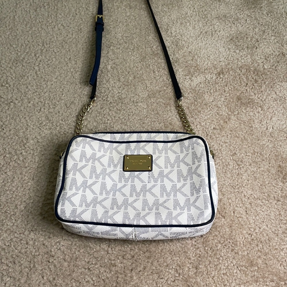 White and dark blue MK/ Michael Kord purse